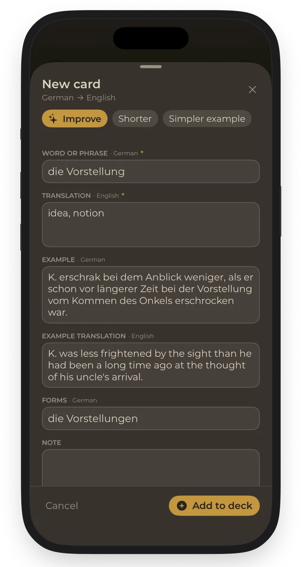 A new flashcard with a translation, an example sentence and the word's forms.