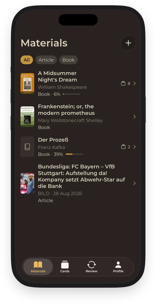 A library of three novels and a news article, with reading progress.