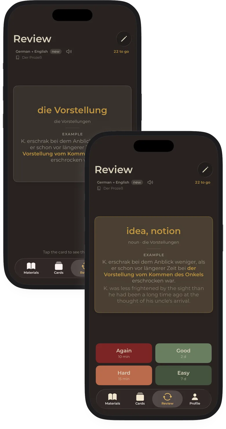 A review card, its answer with the example sentence, and four rating buttons.