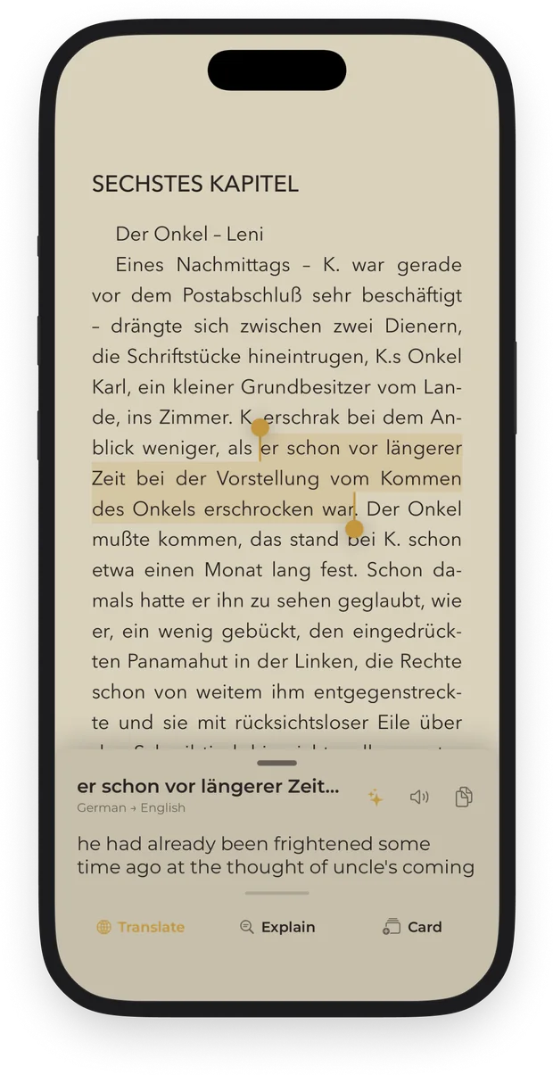 A German novel with a phrase selected and its English translation below.